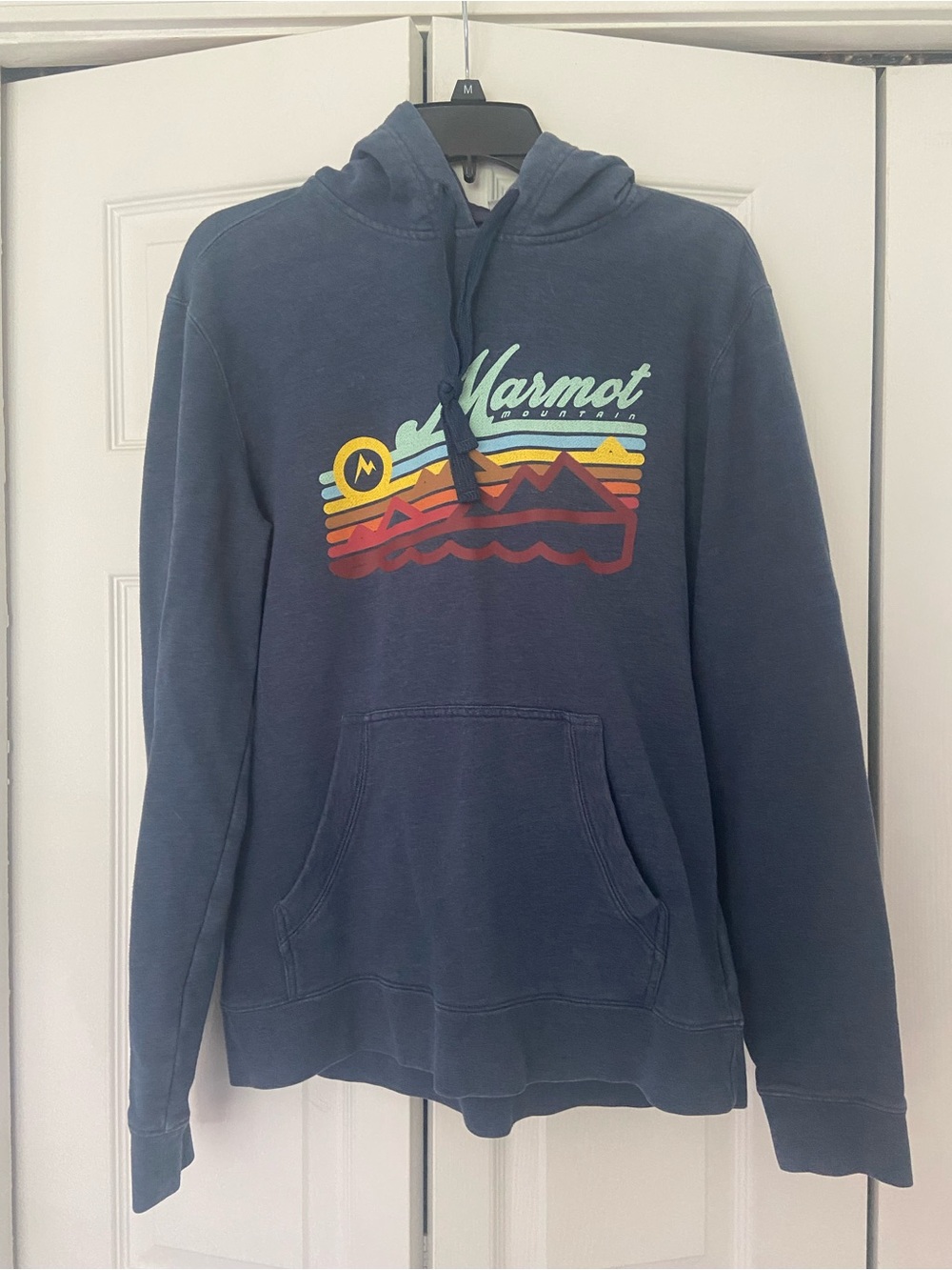 Marmot Navy Pullover Hoodie with Colorful Mountain Graphic
